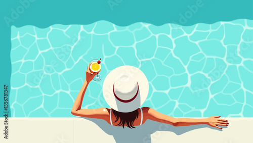 Summer Poolside Relaxation: A woman in a white sunhat relaxes on the edge of a sparkling swimming pool, enjoying a refreshing cocktail.
