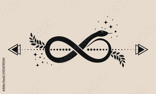 Infinity snake, mystical serpent curled up in shape of infinity sign, celestial eight knot symbol. Pagan wiccan design. Magic illustration for spiritual practices of ethnic magic and rites, isolated