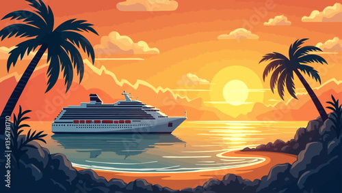 Luxury Cruise at Sunset: A majestic cruise ship sails majestically into the vibrant hues of a golden sunset, silhouetted against a backdrop of palm trees, mountains, and the shimmering ocean.