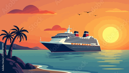 Cruise Ship at Sunset: A majestic cruise ship sails gracefully across the calm ocean waters, bathed in the warm hues of a vibrant sunset. palm trees sway gently.