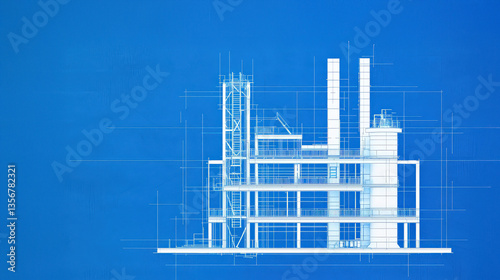 Blueprint of industrial building with detailed architectural lines on blue background, showcasing structural elements like chimneys and scaffolding