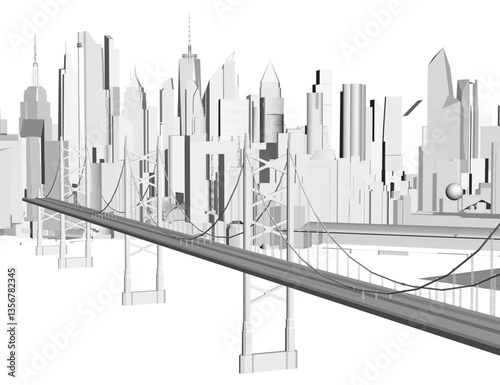 A city skyline with a bridge in the middle. The bridge is a suspension bridge with a large arch. The city is very tall and has many buildings