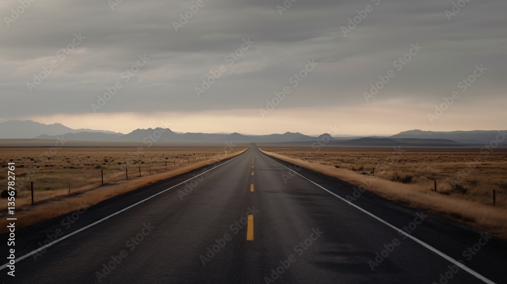 Fototapeta premium Lonely Journey Ahead on an Asphalt Road Under a Cloudy Sky in the Vast Open Plain Landscape