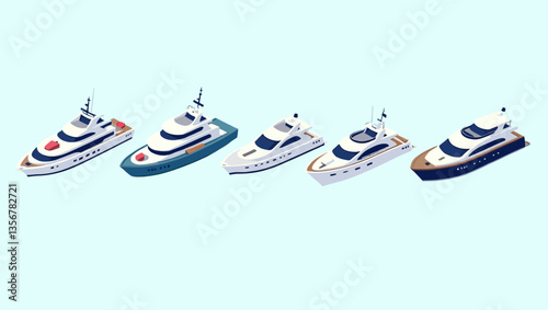 Luxury Yacht Fleet: A collection of sleek and stylish luxury yachts are meticulously arranged in a captivating display against a backdrop of soft blue.