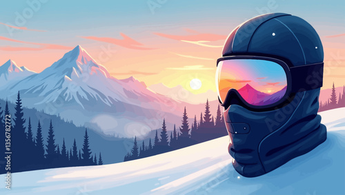 Sunset Skiing: A ski helmet with goggles reflecting the vibrant colors of a majestic mountain sunset, symbolizing adventure, adrenaline, and a love for the slopes.