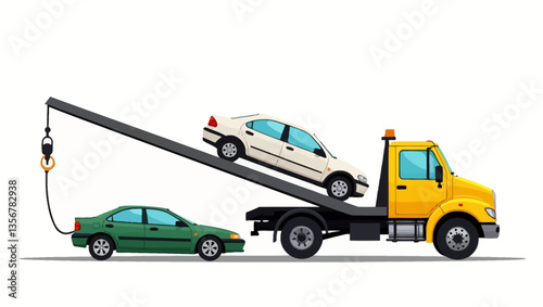 A tow truck lifting a green car, showcasing vehicle recovery and roadside assistance services in action.