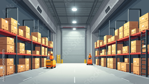 Modern warehouse interior with neatly stacked cardboard boxes on shelves and bright lighting.