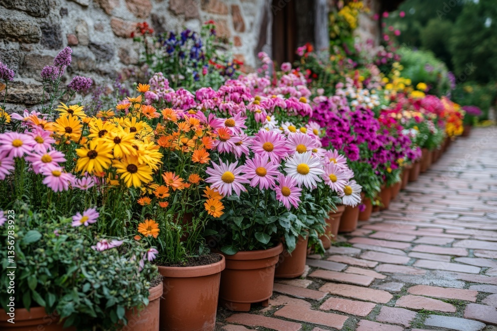 Fototapeta premium Colorful flower display along a stone pathway in a vibrant garden during a sunny day