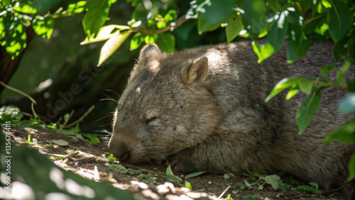 close up of wombat resting peacefully under green foliage, showcasing its soft fur and serene expression in natural setting