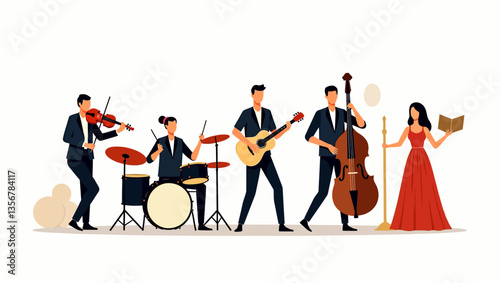 A music band playing various instruments including guitar, violin, drums, and a harp, creating a harmonious performance in a lively, creative setting.