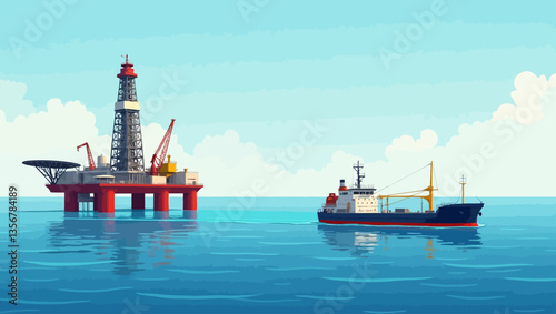  A modern offshore oil rig with a support ship nearby, floating on calm seas under a bright sky, representing energy extraction and ocean-based industries.