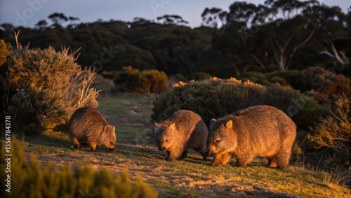 family of wombats foraging in natural habitat during sunset, showcasing their unique features and behavior in serene environment