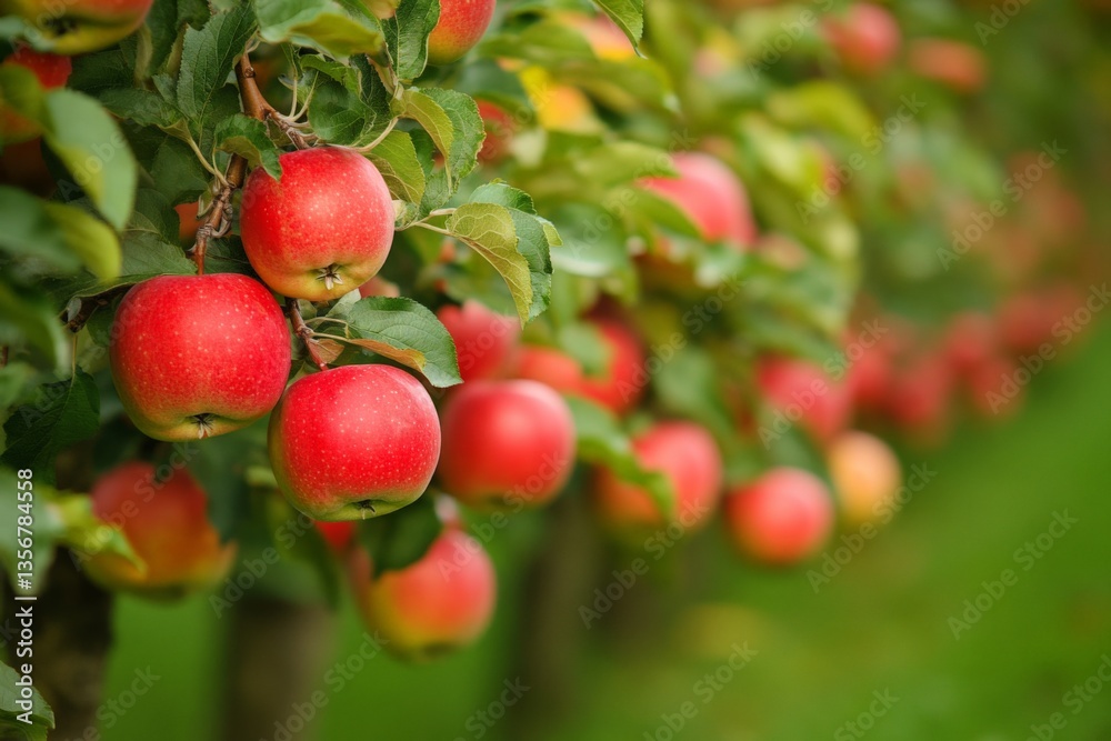 Vibrant red apples hanging from branches in an orchard during a sunny autumn day Vibrant red apples hanging from branches in an orchard during a sunny autumn day