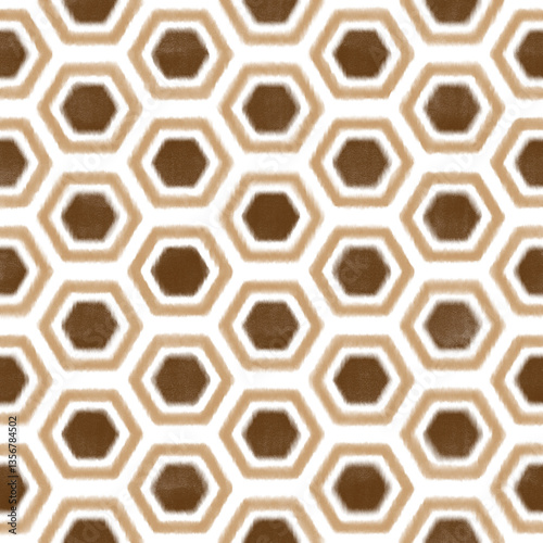 Illustration, background in the form of a seamless regular pattern of beige and brown hexagonal shapes on a white background, honeycomb