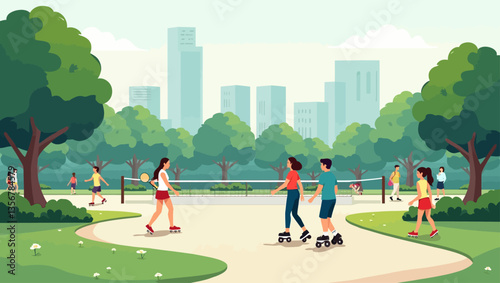 People roller skating and enjoying outdoor fun in a city park, with trees, grass, and tall buildings in the background, highlighting an active and healthy lifestyle.