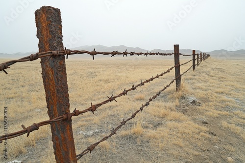 Rusty barbed wire fence stretches across a barren landscape in a remote area under a cloudy sky