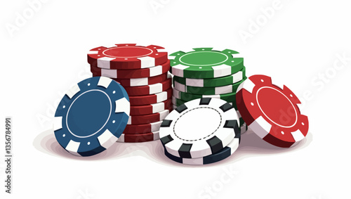 A dynamic pile of colorful casino chips in red, green, black, and blue, representing the thrilling experience of a casino game and betting atmosphere.