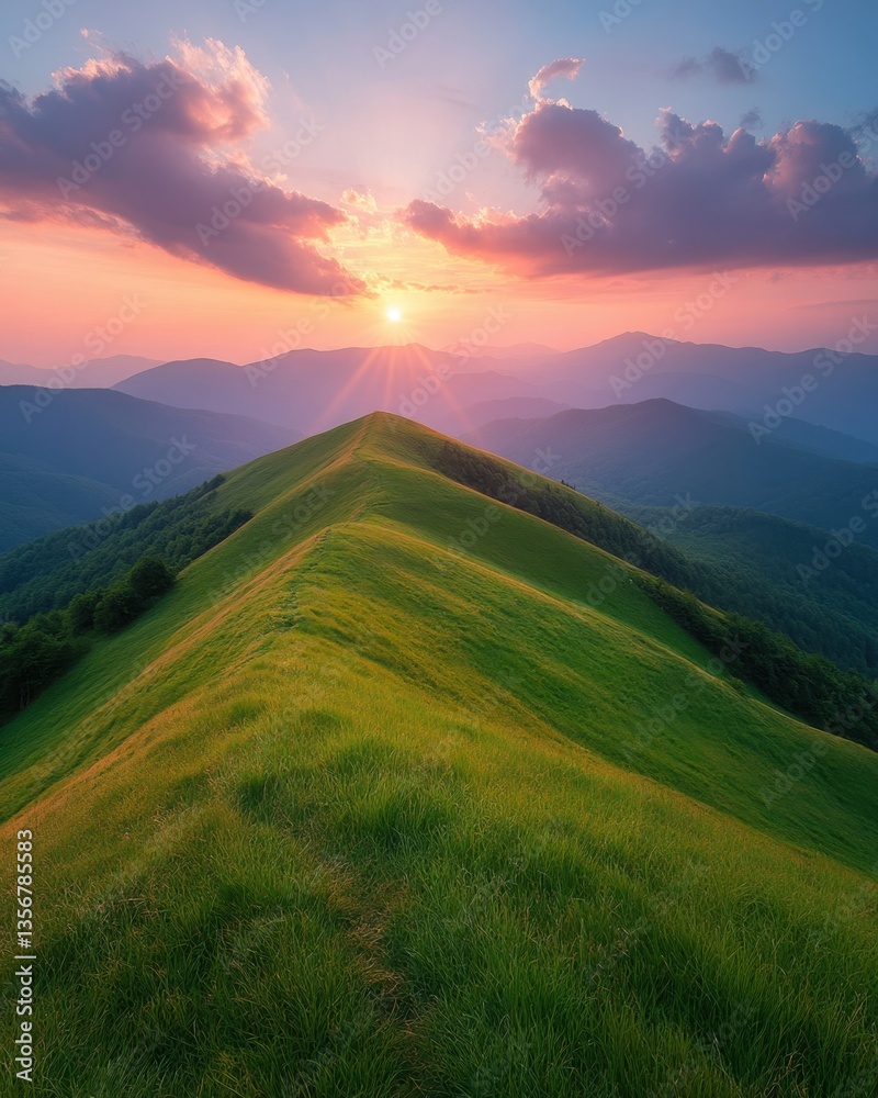Fototapeta premium Scenic mountain ridge at sunset with vibrant sky and layered mountainscape evoking tranquility and natural beauty in a wide angle landscape
