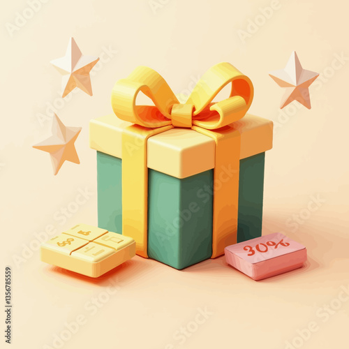 A colorful gift box with a ribbon, discount coupons, and floating stars, representing celebration, offers, and rewards.