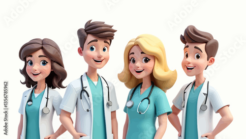 3D cartoon group of medical professionals smiling together, symbolizing teamwork and healthcare service.