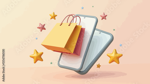3D illustration of mobile phones with shopping bags and stars, representing online shopping and mobile ecommerce.