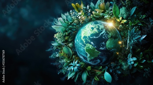An abstract and conceptual design depicting Earth surrounded by flourishing green rings and glowing renewable energy