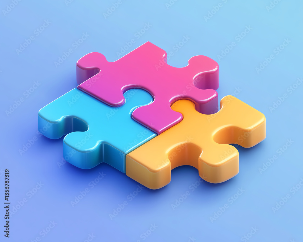 Obraz premium Colorful puzzle pieces fitting together create vibrant and playful scene, symbolizing teamwork and problem solving
