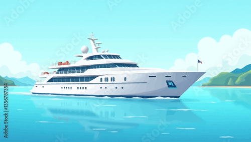 Flat vector of a modern white yacht cruising through tropical waters with lush green mountains in the background.