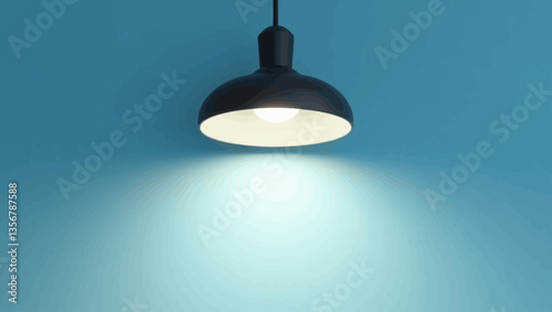Simple vector of black hanging ceiling lamp glowing softly on blue background, minimalist interior lighting concept.
