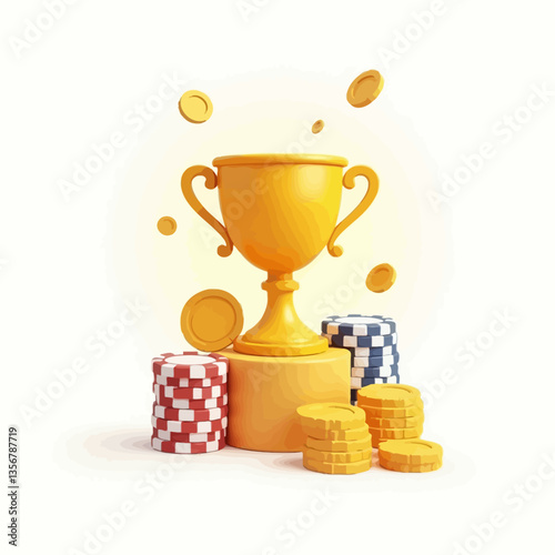 Golden trophy on podium surrounded by poker chips and coins, representing gambling wins, tournaments, and casino achievements.
