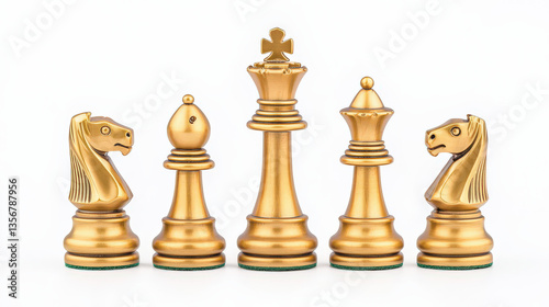 set of gold chess pieces including king, queen, bishop, knight, and rook, displayed against white background. pieces are intricately designed, showcasing elegance and sophistication