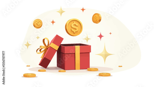 Red gift box with open lid and golden coins flying out, ideal for bonuses, promotions, special offers, and celebrations.
