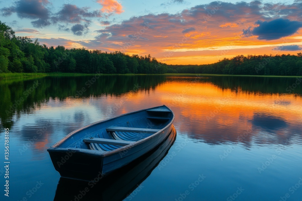 Obraz premium Sunset reflection on calm lake with empty blue rowboat anchored by forest