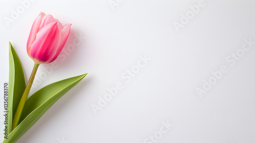 Single pink tulip isolated on white background used for floral greeting cards, spring-themed banners or minimalist posters. Selective focus