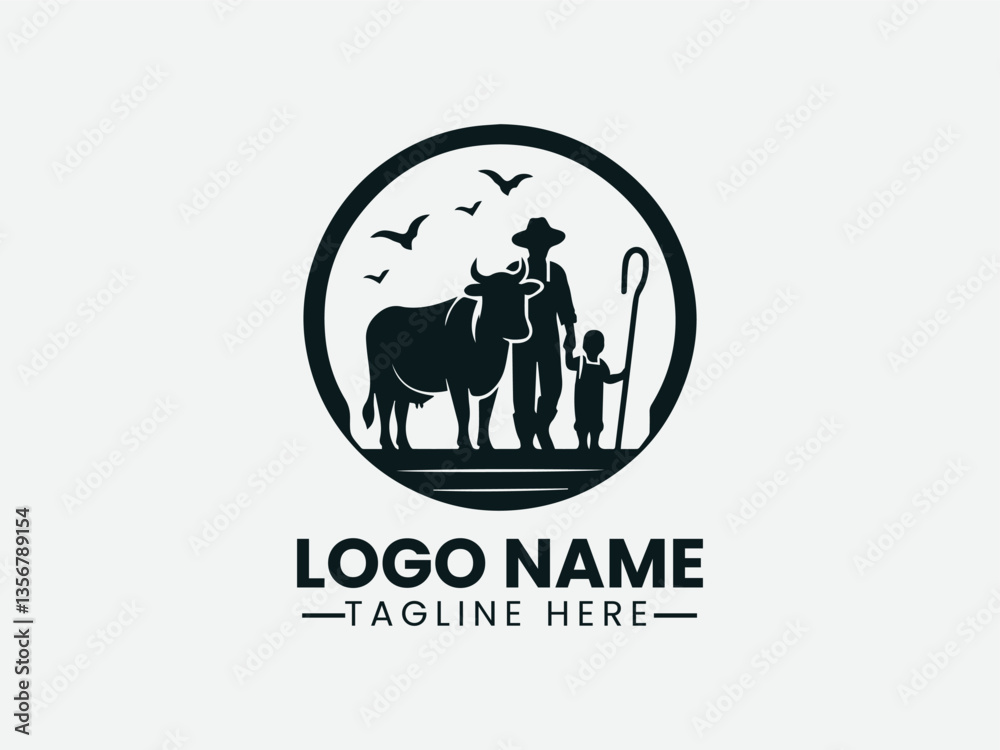 Obraz premium Farmer and Child Cow Silhouette Rural Family Logo Design