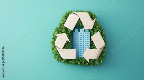 building surrounded by recycling symbol made of wood and greenery on teal background, representing eco friendly architecture and sustainability