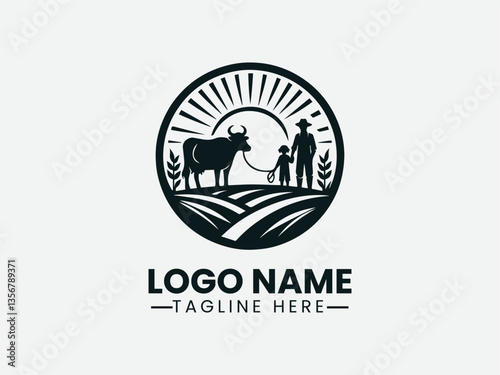 Farmer and Child Cow Silhouette Rural Family Logo Design