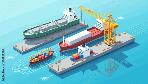  Isometric illustration of cargo ships and small boats near dockyard with containers and crane.