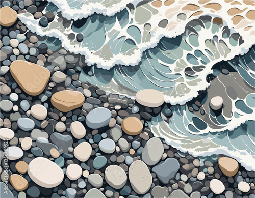 Landscape of a rocky beach with a large wave crashing in the background. The painting has a serene and calming mood, with the rocks and water creating a sense of tranquility