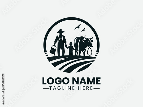farmer and child with cow silhouette. Rural family life logo