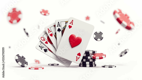  Four aces floating with poker chips in the air, representing a winning hand in casino.