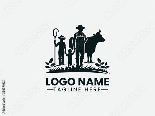 farmer and child with cow silhouette. Rural family life logo