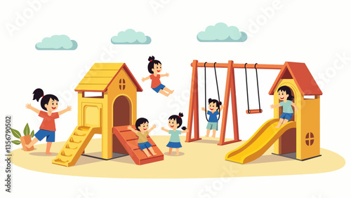 Group of cheerful children playing on colorful slides and swings in a large playground.