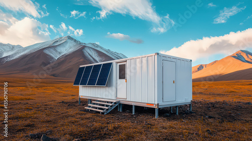modern, white modular cabin with solar panels stands in vast, open landscape with mountains in background, under clear blue sky