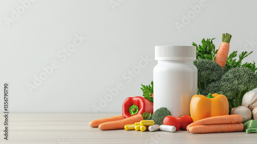 white supplement bottle surrounded by fresh vegetables like carrots, bell peppers, and broccoli on wooden surface, promoting health and nutrition