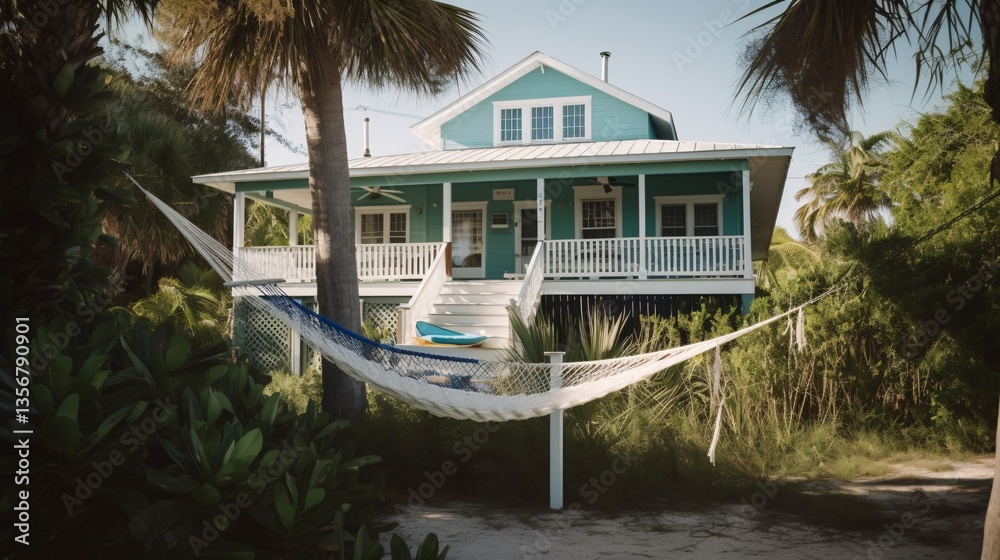 Fototapeta premium Serene Beach House with Hammock Offering Ultimate Relaxation on Tropical Island Getaway