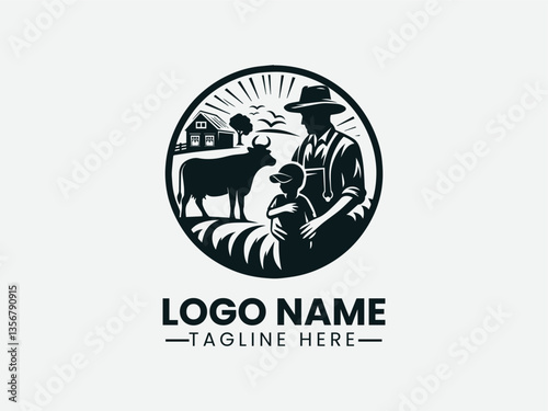 farmer and child with cow silhouette. Rural family life logo