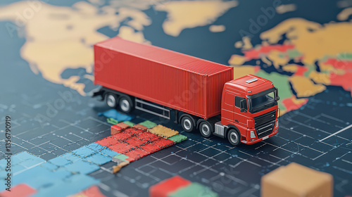 red cargo truck model on world map symbolizes global logistics and transportation. image highlights international trade routes and concept of worldwide shipping