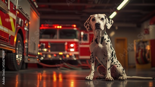 Proud dalmatian in fire station setting for canine enthusiasts and firefighter themes