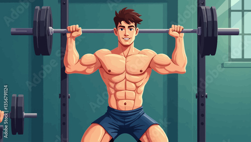  Fit man lifting barbell with heavy weights in gym, demonstrating strong physique.